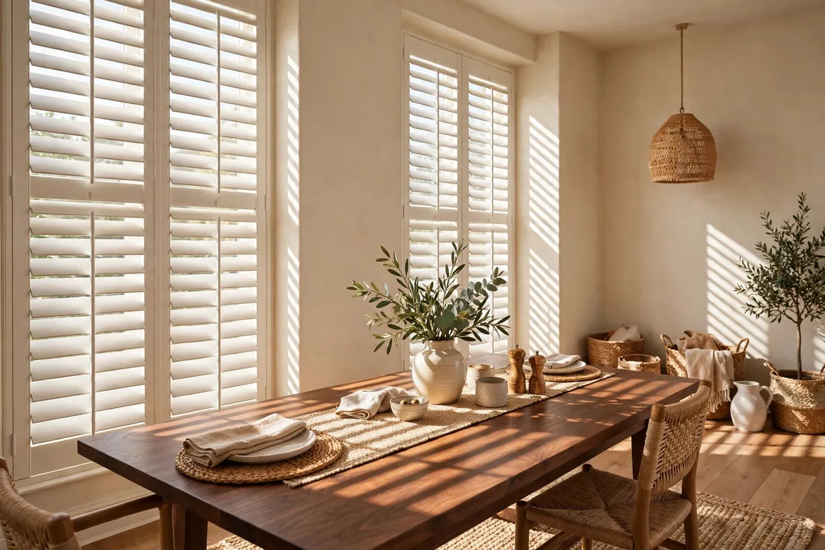 Heritance Hardwood Shutters striping sunlight across a dining room
